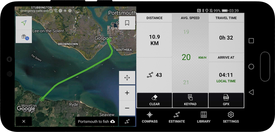 Wayfarer GPX for Android, measuring a route for boats across The Solent, UK