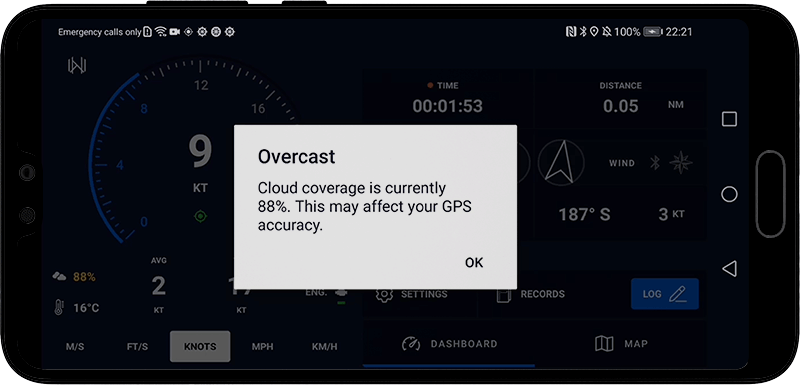 Overcast weather warnings in Mariner GPS Dashboard for Android