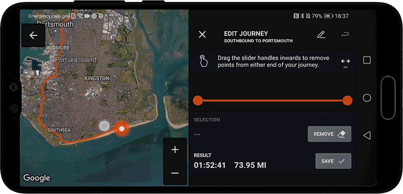 Journey editor example, editing a recorded journey Velocity GPS Dashboard for Android