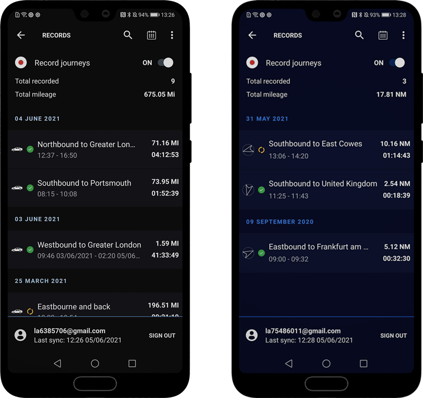 Journey history with cloud sync, RAMS GPS Dashboards for Android and Wear OS