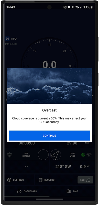 Cloud Coverage Warning – Mariner GPS Dashboard for Android