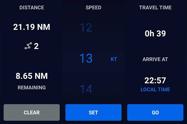 Travel time calculator panel, Mariner GPS Dashboard for Android