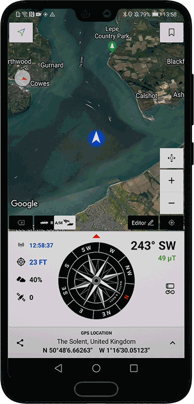 Estimating travel time to cross the Solent, UK, Wayfarer GPX 2.+ for Android