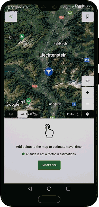 Creating and measuring a route to a mountain location, Wayfarer GPX 2.+ for Android