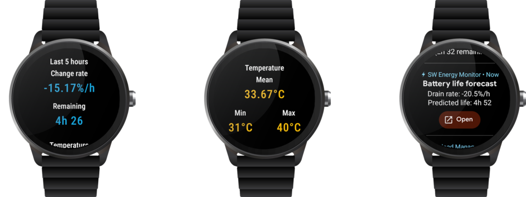 Daily drain rate stats, temperature stats, and a predictive notification in the new Energy Monitor 4 for Wear OS
