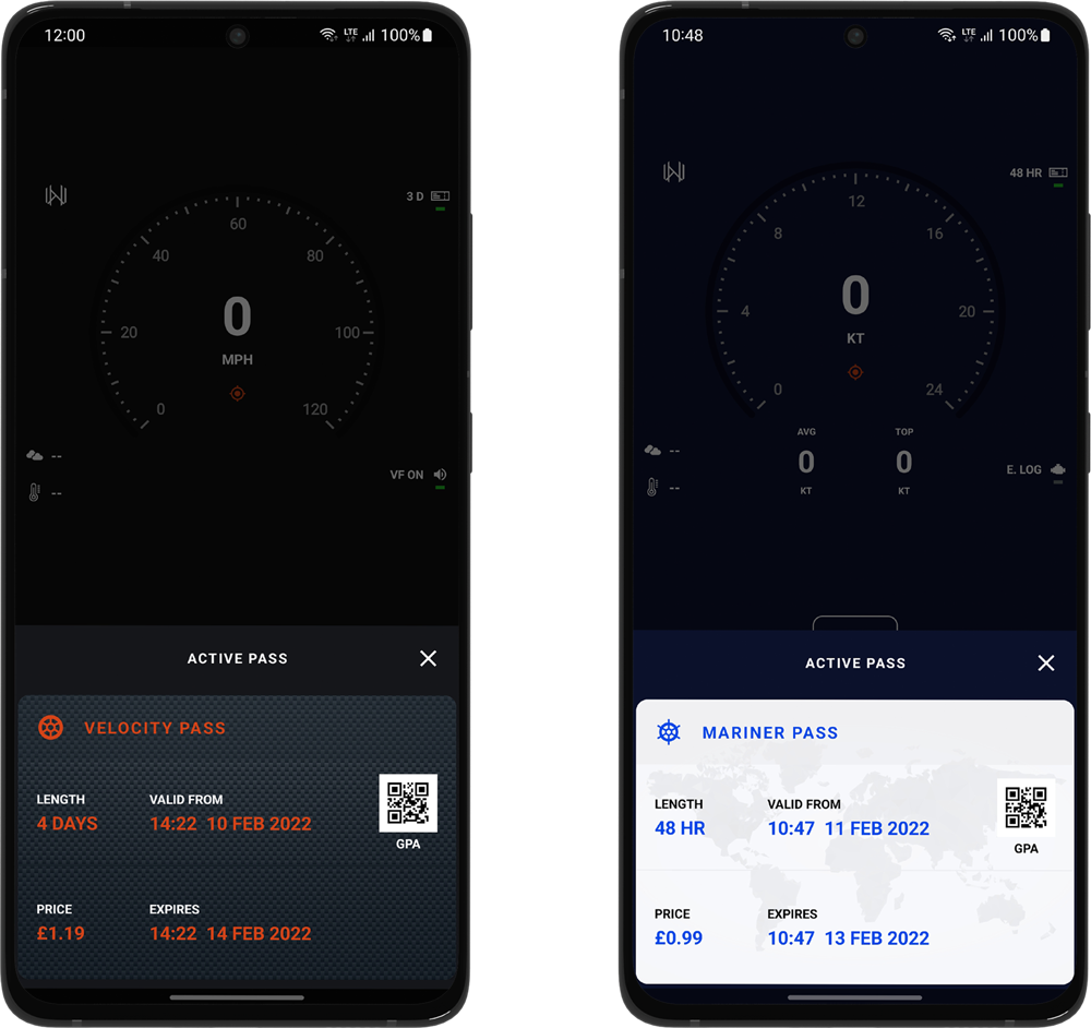 RAMS active day passes: Velocity GPS Dashboard 3.6 (left), Mariner GPS Dashboard 3.6 (right)