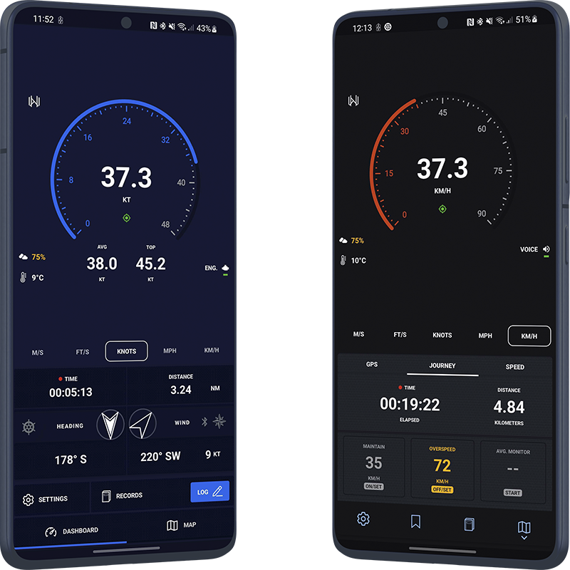 The RAMS GPS Dashboard Apps for Android – Mariner 3.7.7 (left), and Velocity 3.7.7 (right)