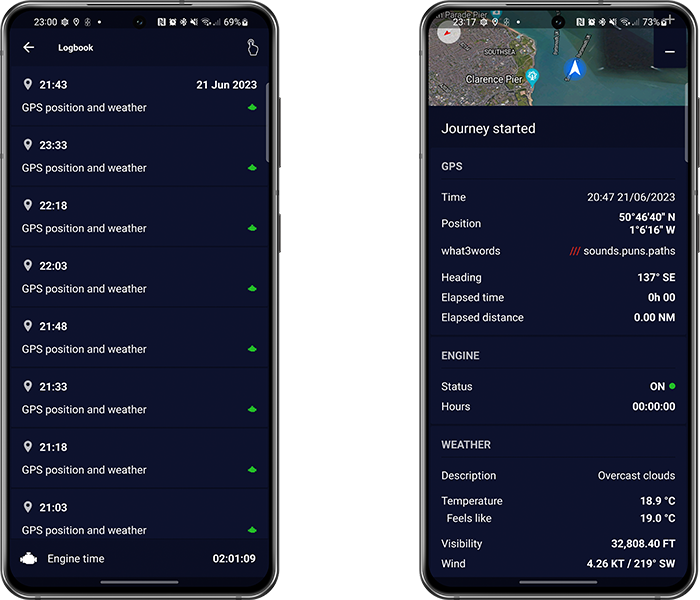 Logbook and entry detail, Mariner GPS Dashboard 3.8
