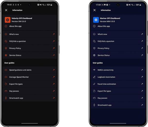 Info section, RAMS GPS Dashboards 3.8+ for Android