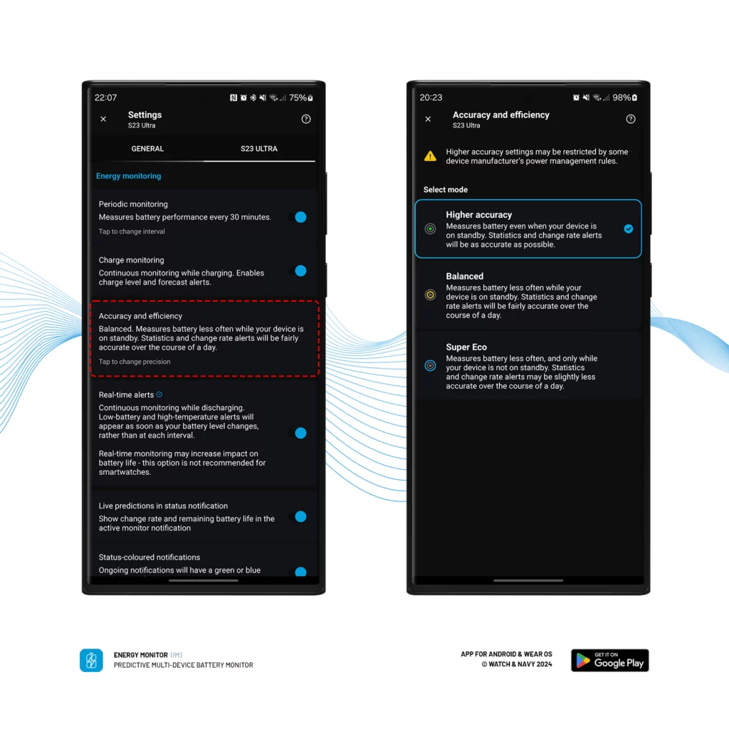 Accuracy and Efficiency Settings – Energy Monitor 5.0 for Android and Wear OS