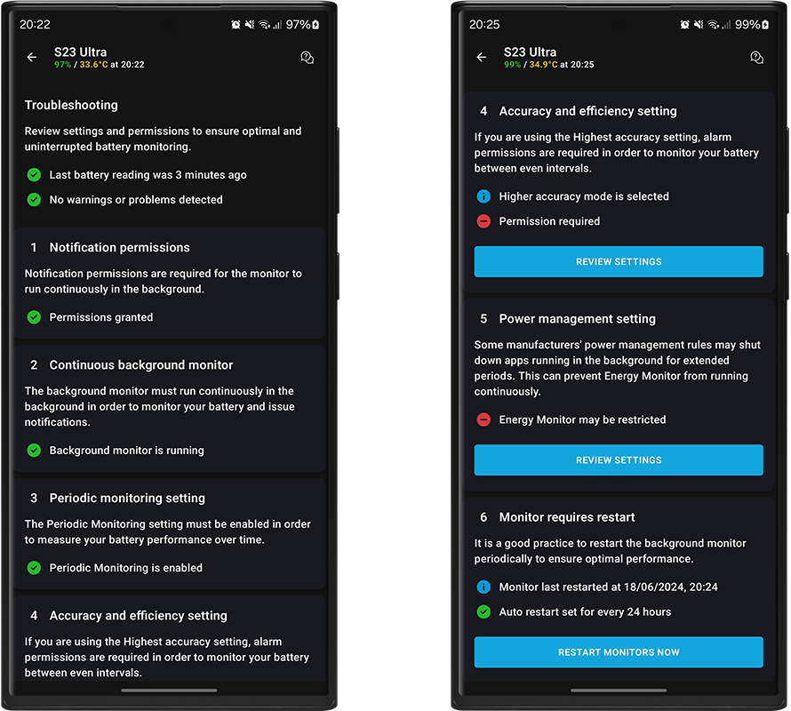 Monitor Troubleshooting Screen – Energy Monitor for Android and Wear OS