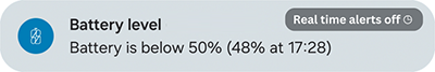 Low Battery Level Notification (real time alerts off) – Energy Monitor for Android and Wear OS