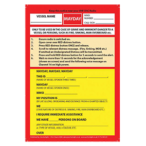 Mayday Procedure Card for VHF Marine Radio